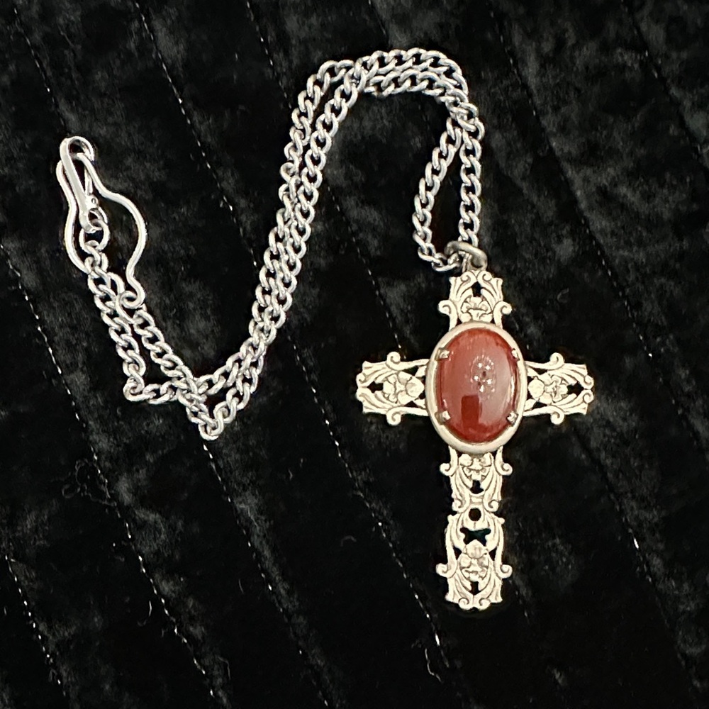 Vintage Ornate Intricate Silver & Brown Agate Cross Necklace… A Goth’s Dream ! 🦇